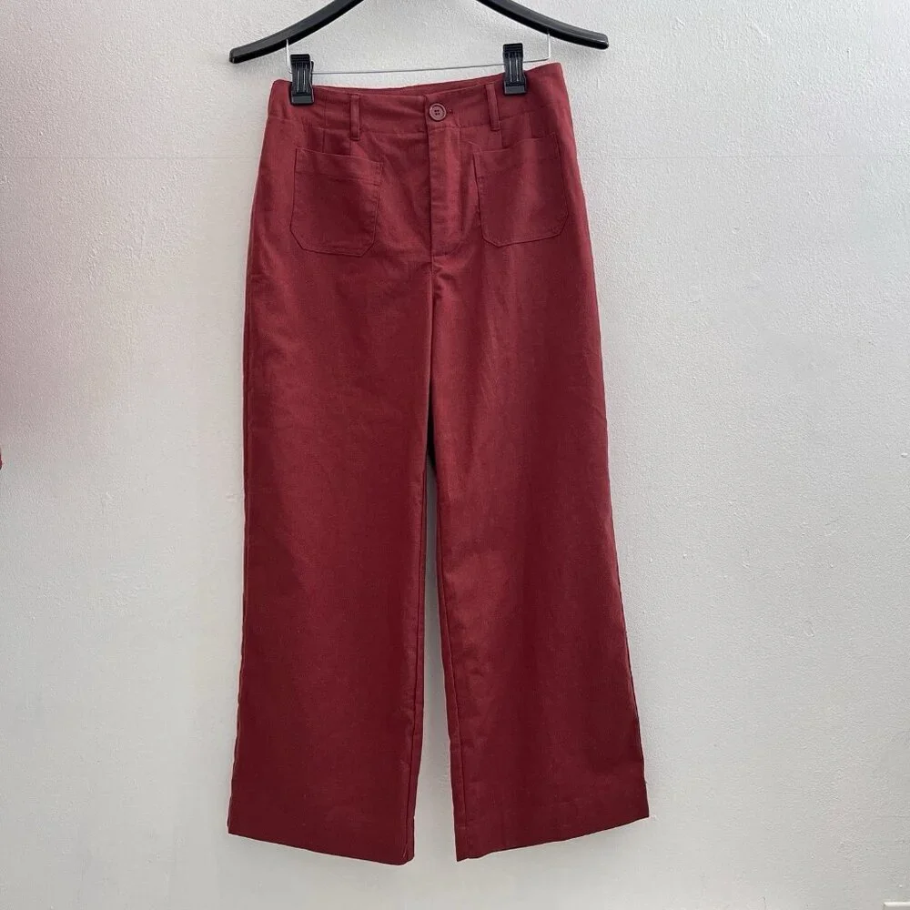 NEW LILLUSORY Linen Wide Leg Pants Sz 8/M Brick Red High Rise Cropped Trousers